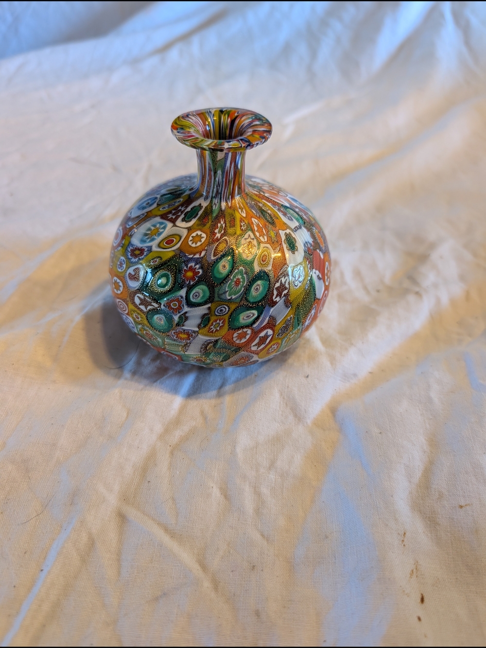 Murano Multicolor Millefiori Glass Vase with Green and Orange Accents